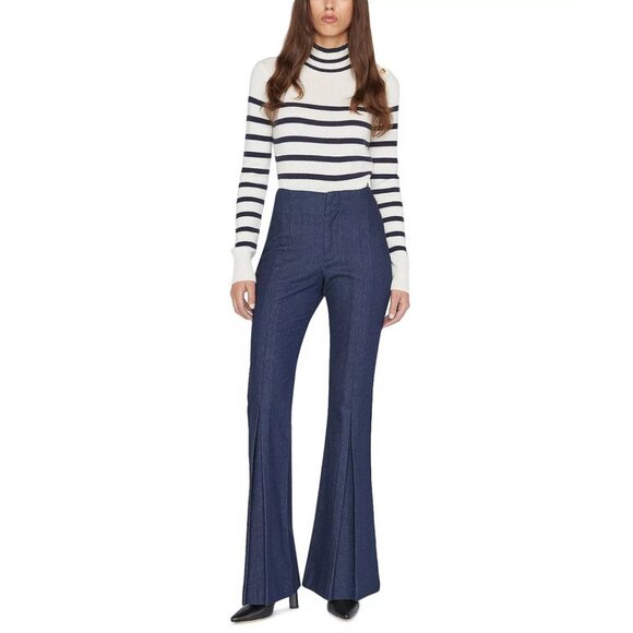 FRAME Pleated High Rise Long Flare Denim Trousers in Rinse Sz 23